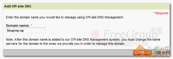 点选 Add Off-site DNS 按钮，可以看到新增Off-site DNS的功能，将欲使用GoDaddy DNS服务的网域名称输入吧!