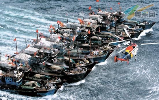 资料图：11月16日下午，11艘绑在一起的中国渔船在韩国附近海域躲避韩国海警的追捕。来源：中央日报
