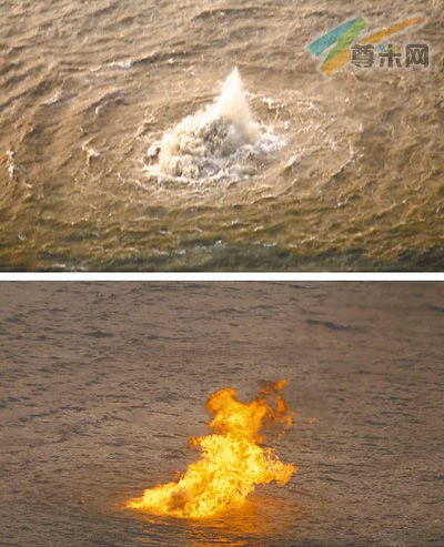 上图：12月19日,泄漏的天然气推动海水形成水柱。下图：12月20日,为防止管线爆炸，珠海有关部门在海面泄漏点点燃天然气。新华社发