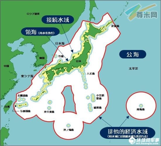 日本海上保安厅网站公布的“日本专属经济区EEZ”示意图，钓鱼岛和冲之鸟礁被包括在其中。